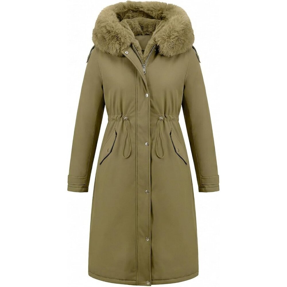 Women's Winter Warm Long Overcoat Hooded Puffer Jacket Olive Green Fur Collar